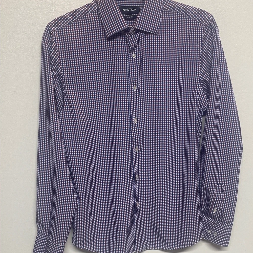 Nautica Men's Blue Purple Checkered Long‎ sleeve dress shirt size S